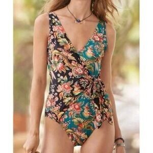Sundance Bird & Floral Wrap One Piece Swimsuit Multicolor Blue Black Medium